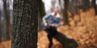 秋天的森林和树在前景和模糊的音乐家弹奏吉他在背景。