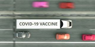 空中俯瞰运送COVID-19冠状病毒疫苗的半拖车卡车。循环3 d动画