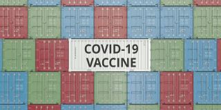 集装箱码头装有COVID-19冠状病毒疫苗的集装箱，3D动画
