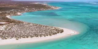 在澳大利亚西部靠近埃克斯茅斯的宁格鲁礁的空中沙湾海滩。旅游，娱乐和露营的概念