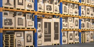 仓库货架上的硬纸盒内的家用电器和电子产品。生产，网上购物和交付的概念。三维视频动画