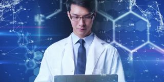 科学家学习研究科学技术创新化学物理生物学未来背景界面，亚洲医生使用计算机处理数据。