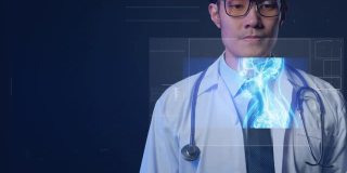 医疗保健和数字技术，医生利用增强技术身体x光扫描检查患者症状，未来的医疗保健技术。
