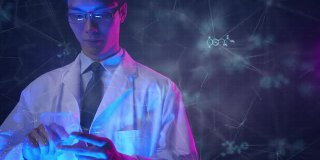 科学家研究科研科技创新病毒疫苗化学物理生物学未来背景界面，亚洲医生使用计算机处理数据。