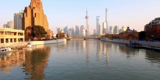 美丽的上海城市景观，蓝天背景下的夕阳黄金时间，城市建筑反映在苏州市河，4k慢镜头镜头，宽镜头b卷视频。