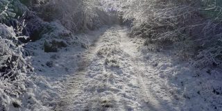 在苏格兰西南部的邓弗里斯和加洛韦被雪覆盖的轨道的低角度视图