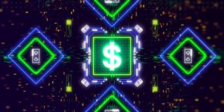 美国美元货币标志未来动画。霓虹背景上的货币符号