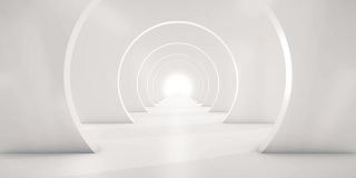 穿越未来的白色隧道。抽象的3 d动画。照明廊道、室内设计、宇宙飞船、科学、实验室、技术、科学、建筑、工业的概念