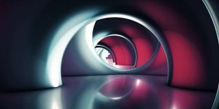 穿越未来的隧道。抽象科幻3D动画。照明廊道、室内设计、宇宙飞船、科学、实验室、技术、科学、建筑、工业的概念