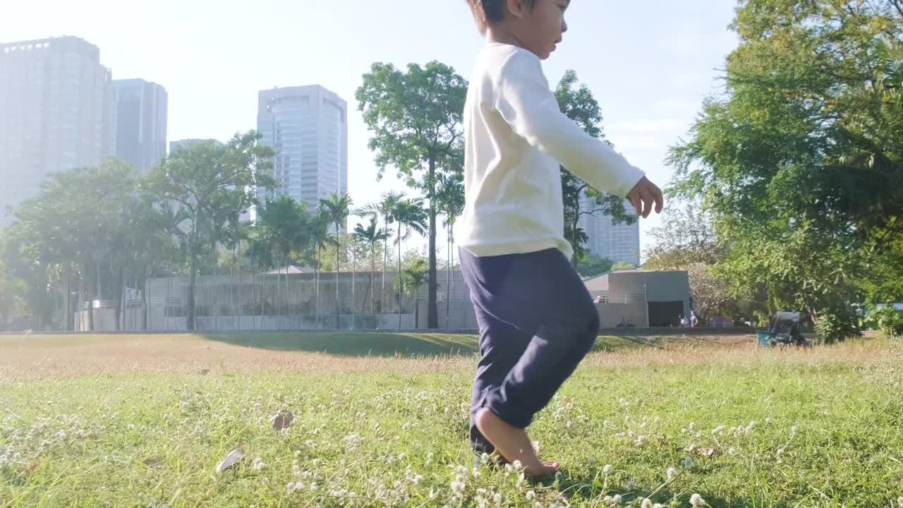 男孩在自然公园里玩耍，奔跑，夕阳