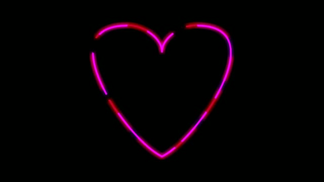 霓虹红紫罗兰光闪耀和发光的心形符号在黑暗的背景，爱和浪漫标志4k视频。情人节概念