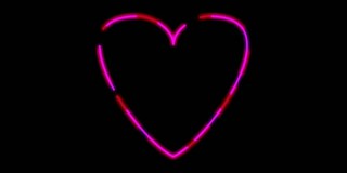 霓虹红紫罗兰光闪耀和发光的心形符号在黑暗的背景，爱和浪漫标志4k视频。情人节概念