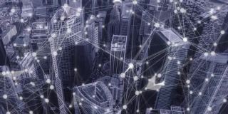 互联网和无线通信网络的概念与现代城市鸟瞰图
