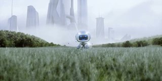 一个有趣的玩具机器人在一个未来城市的背景草地上。未来的概念。现实的4 k的动画。