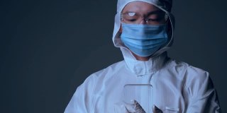科学家研究科研科技创新病毒疫苗分子化学物理生物学未来背景界面，亚洲医生使用计算机处理数据。