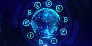 货币区块链加密货币数字加密、数字货币交易所、科技全球网络连接背景概念。动画4 k的决议