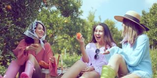 年轻的亚洲迷人的女性穿着休闲服装坐在放松野餐在橙新鲜的花园农场，女孩在野餐与三明治，水果和饮料。农场女孩吃午饭。