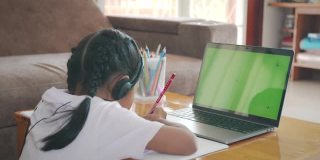 亚洲女童学生戴上耳机，通过视频电话与老师在线学习。由于Covid - 19大流行，在隔离期间，孩子正在用电脑笔记本电脑在家学习。