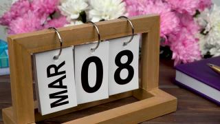 桌面日历上有3月8日的日期和一束美丽的鲜花。三八娇嫩菊花视频素材模板下载