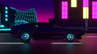 80年代霓虹复古车循环3d动画。汽车在夜晚的城市中行驶视频素材模板下载