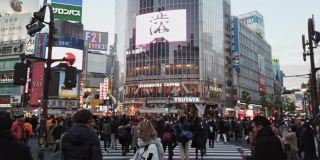 日本东京，忙碌拥挤的亚洲人和游客在涉谷十字路口拍照。日本地标旅游景点，冬季旅游生活方式，或亚洲城市生活