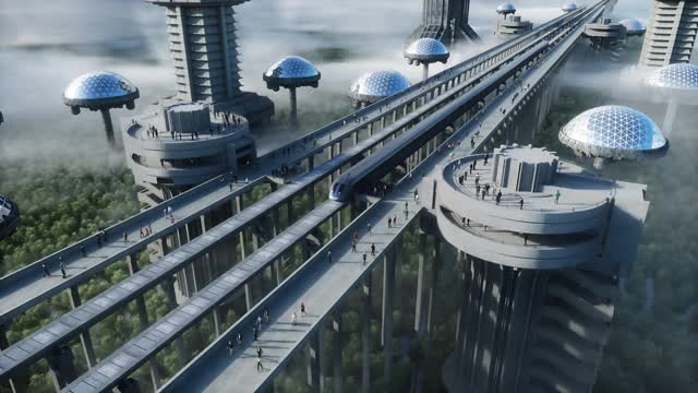 未来主义的火车站，有单轨铁路和火车。拥挤的人群。具体的架构。未来的概念。现实的4 k的动画。
