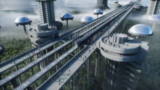 未来主义的火车站，有单轨铁路和火车。拥挤的人群。具体的架构。未来的概念。现实的4 k的动画。视频素材模板下载