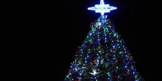 圣诞树的照明。上面有明亮的灯光和蓝色的星星。