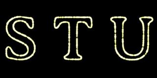英文字母“S T U”出现在中心，一段时间后消失。抽象的孤立的模糊的节日彩灯在字母表的形式。