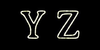 英文字母“yz”出现在中心，一段时间后消失。抽象的孤立的模糊的节日彩灯在字母表的形式。