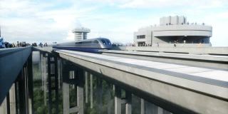 未来主义的火车站，有单轨铁路和火车。拥挤的人群。具体的架构。未来的概念。现实的4 k的动画。