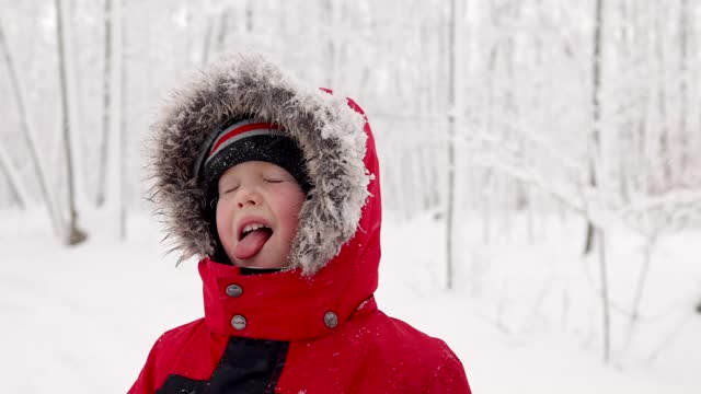 冬天的森林里用舌头捕捉雪花的小男孩