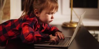 一个小女孩模仿她的妈妈，晚上在家里用电脑工作。