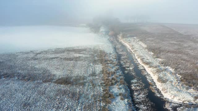 在一个霜冻和雾蒙蒙的早晨，一场雪之后，一条小河从荒地流向树木的无人机视图