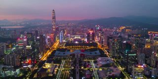 中国深圳市景日落天空市中心市政厅航拍全景4k时间间隔