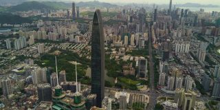 中国深圳城市景观晴天KK100建筑航拍全景4k时间推移