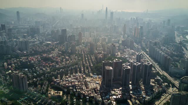 中国晴天深圳城市景观空中全景4k时间推移