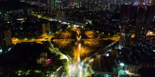 中国夜间时间深圳市交通路口航拍全景图，4k时间间隔