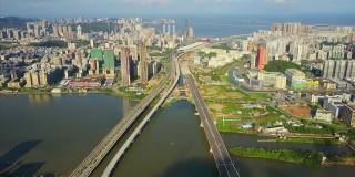 晴天珠海市景河湾大桥交通航拍全景4k中国