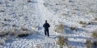 在苏格兰西南部，一位老人独自走在积雪覆盖的人行道上