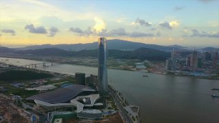 日落天空珠海国际会展中心航拍湾全景4k中国视频素材模板下载