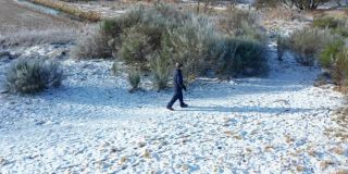 在苏格兰西南部，一位老人独自走在一条被雪覆盖的人行道上