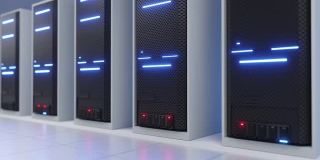 数据中心或ISP白色服务器室，蓝色闪烁