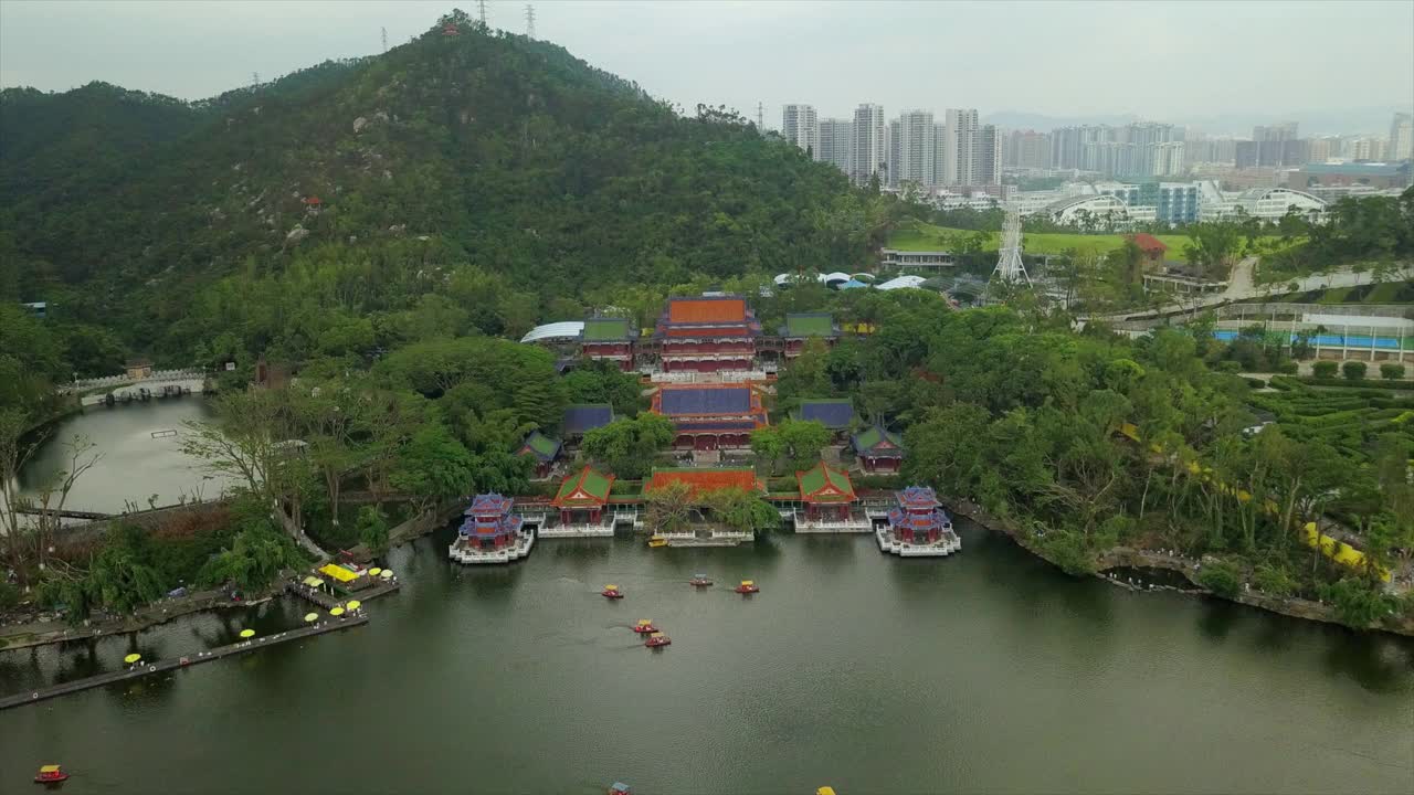 阴天时间珠海著名的新暖明公园湖泊航拍全景4k中国