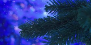 2021年新年和圣诞节背景。圣诞树的树枝旋转。雪下降。景深浅。摄像机的运动。3 d渲染动画