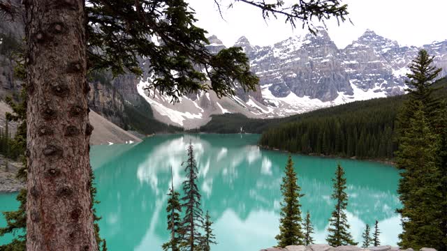 6月日出的冰碛湖4K视频，班夫国家公园，加拿大