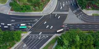 日落时间海南岛三亚滨江交通十字路口高空俯视图4k中国