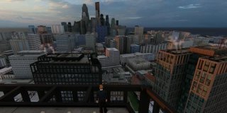 一个人站在屋顶上俯瞰城市，美丽的夕阳在他的左边