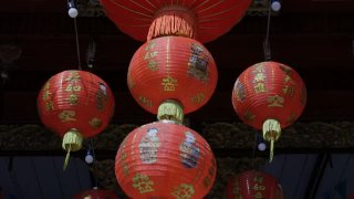 中国新年灯笼在中国城，祝福文字意味着好财富和健康视频素材模板下载