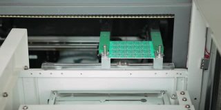 绿色PCB线路板由自动化工业机器人提供，用于组件放置和焊锡浴